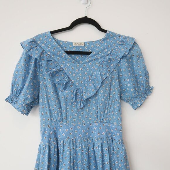 LoveShackFancy Floral Peasant Midi Dress Blue Short Sleeve Size 2 - Picture 3 of 8